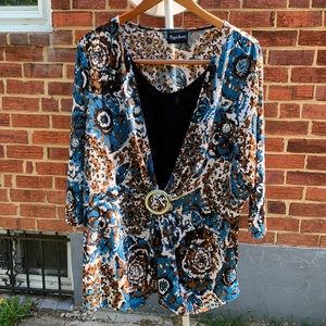 Maggie Barnes Blouse XXL Blue Brown Flower Print Sequence
